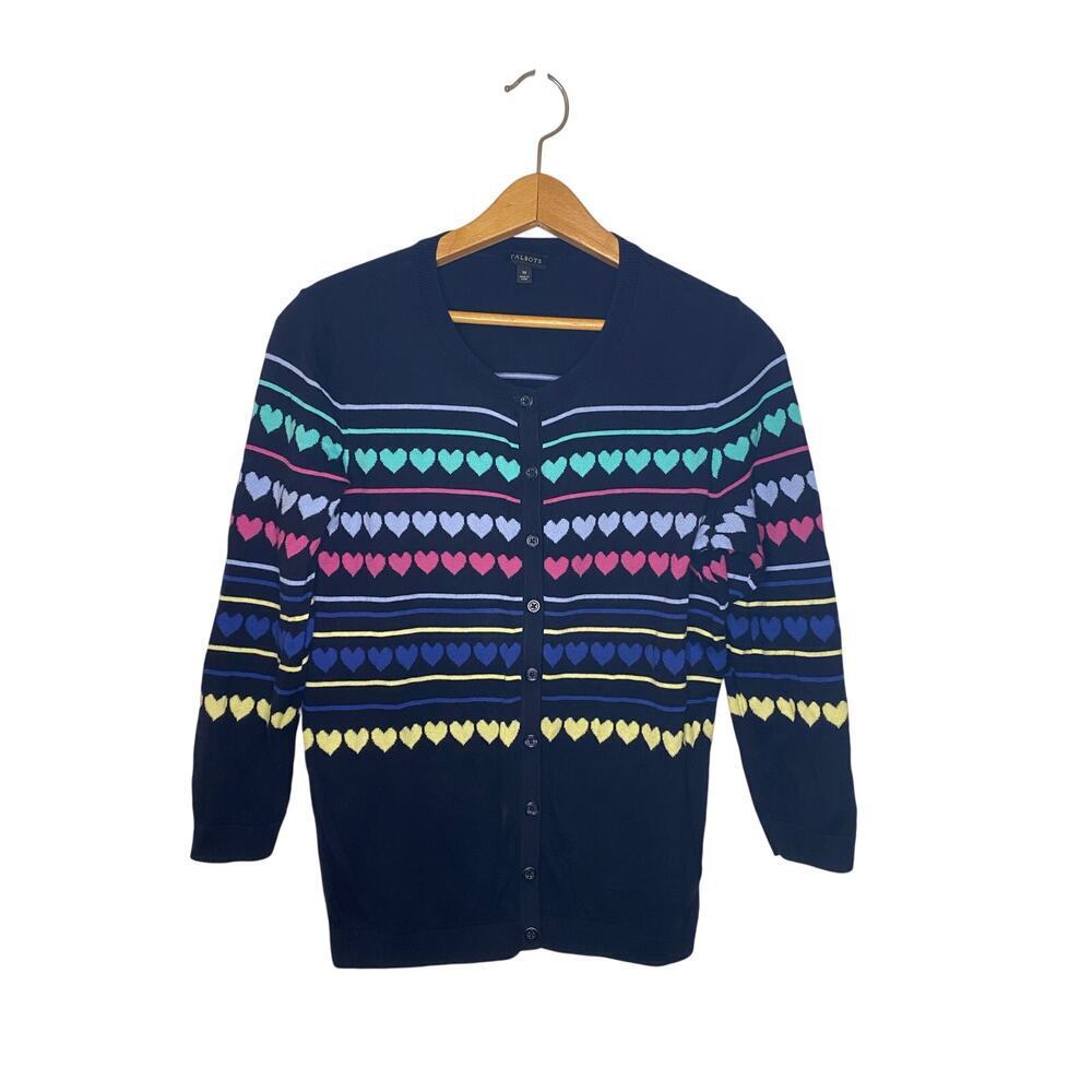 Talbots Black Heart Cardigan Sweater‎ Button Up Preppy Holiday Classic Medium